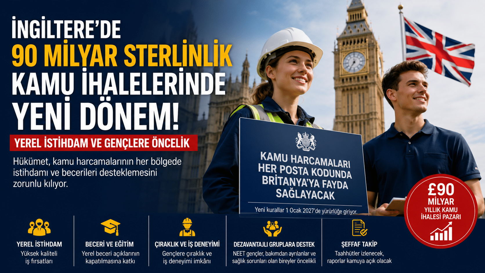 İngiltere hükümetinin kamu ihalelerinde yerel istihdam ve çıraklık şartını güçlendiren yeni düzenlemesini temsil eden görsel.