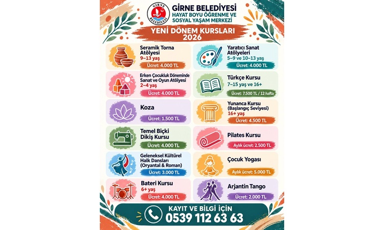 Girne Belediyesi Hayat Boyu Öğrenme ve Sosyal Yaşam Merkezi Yeni Dönem Kurs Kayıtları Devam Ediyor!